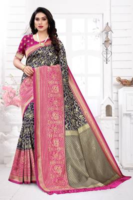 Navy blue woven banarasi silk saree with blouse 1