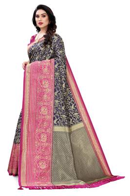 Navy blue woven banarasi silk saree with blouse 2