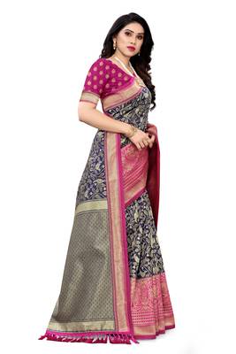 Navy blue woven banarasi silk saree with blouse 3
