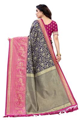 Navy blue woven banarasi silk saree with blouse 4
