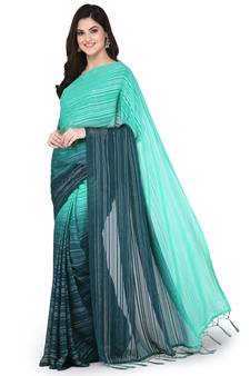 Aqua blue embroidered silk blend saree with blouse