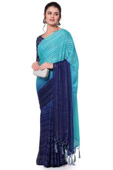 Blue embroidered silk blend saree with blouse