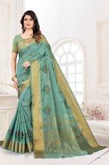 Turquoise embroidered cotton silk saree with blouse