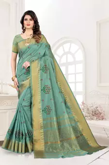 Turquoise embroidered cotton silk saree with blouse
