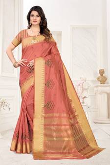 Pink embroidered cotton silk saree with blouse