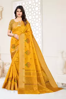 Yellow embroidered cotton silk saree with blouse