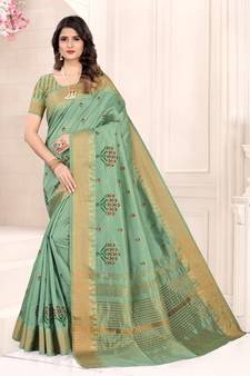 Green embroidered cotton silk saree with blouse