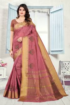 Pink embroidered cotton silk saree with blouse