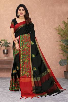 Black embroidered cotton silk saree with blouse 1
