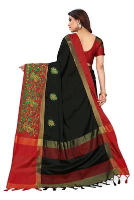 Black embroidered cotton silk saree with blouse 3