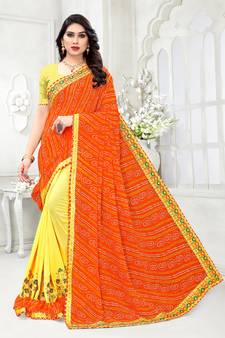 Orange embroidered silk saree with blouse