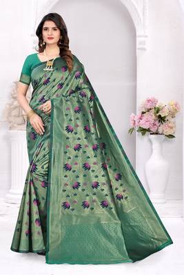 Green woven banarasi silk saree with blouse 1