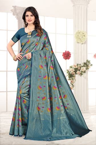 Blue woven banarasi silk saree with blouse