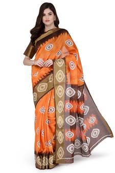 Orange printed cotton saree with blouse