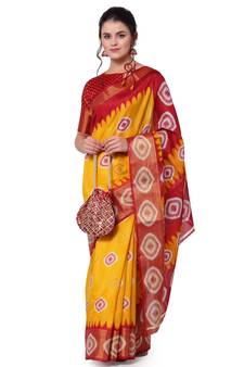 Yellow printed cotton saree with blouse