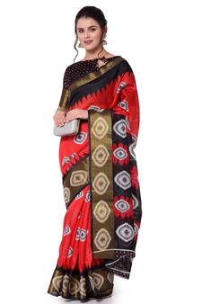 Red printed cotton saree with blouse