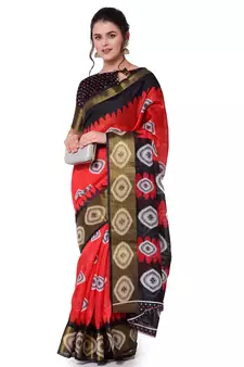 Red printed cotton saree with blouse