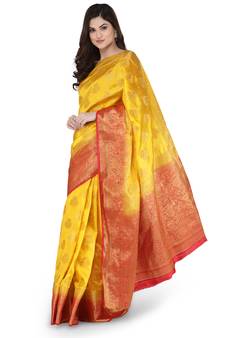 Yellow woven banarasi silk saree with blouse