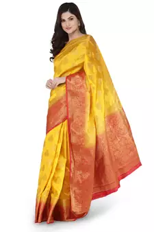 Yellow woven banarasi silk saree with blouse