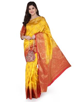 Yellow woven banarasi silk saree with blouse 2