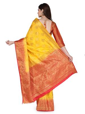 Yellow woven banarasi silk saree with blouse 3