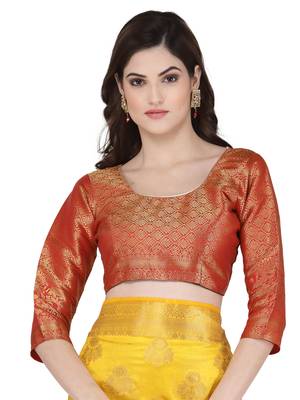 Yellow woven banarasi silk saree with blouse 5