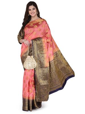 Pink woven banarasi silk saree with blouse 1