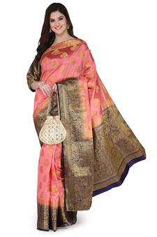 Pink woven banarasi silk saree with blouse