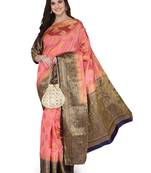 Pink woven banarasi silk saree with blouse