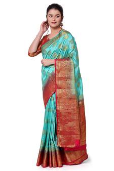 Light blue woven banarasi silk saree with blouse