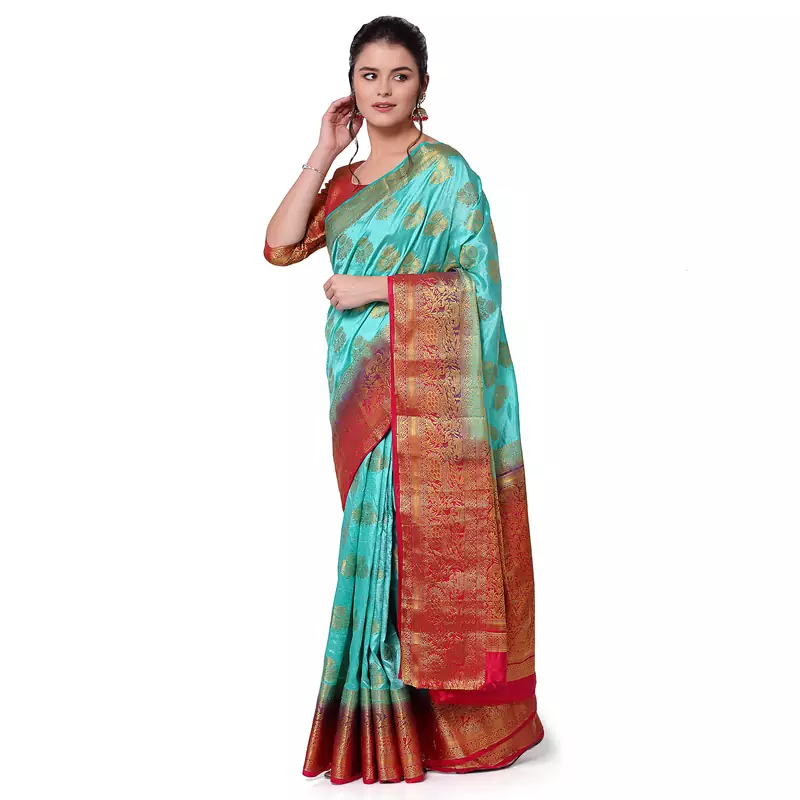 Light blue woven banarasi silk saree with blouse