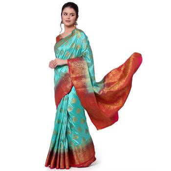 Light blue woven banarasi silk saree with blouse 2