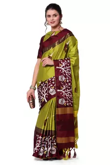 Green embroidered cotton silk saree with blouse