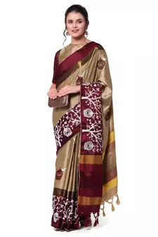Cream embroidered cotton silk saree with blouse