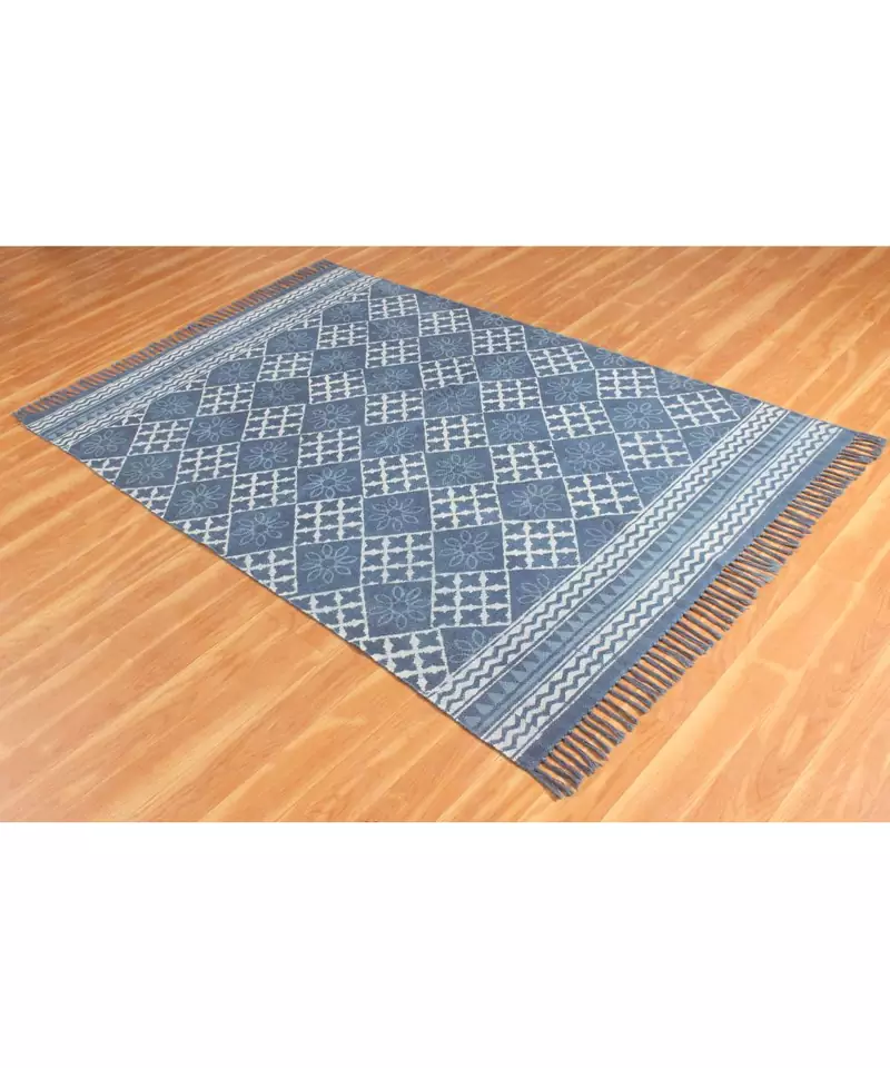 2x3 Ft Hand Made Cotton Dhurrie Bohemian Kilims Carpet blue Color