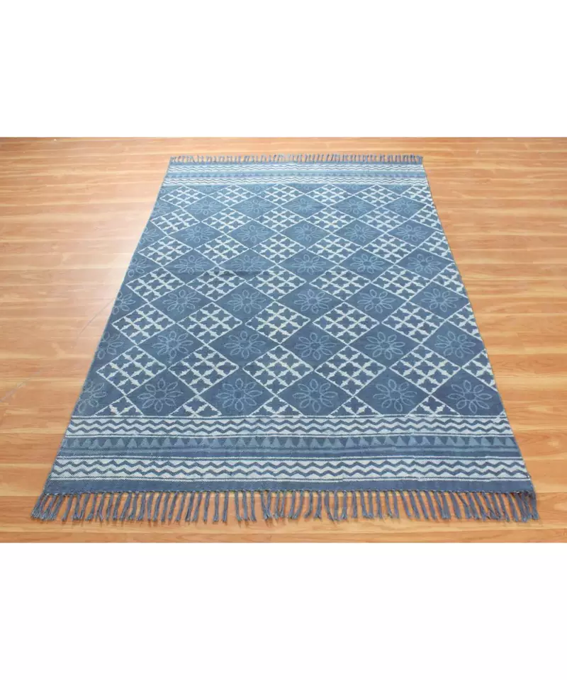 8x10 Ft Hand Made Cotton Dhurrie Bohemian Kilims Carpet blue Color