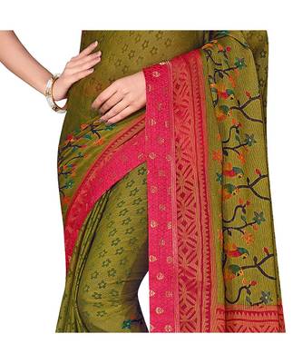Pisara Olive Green Chiffon Printed Saree 4