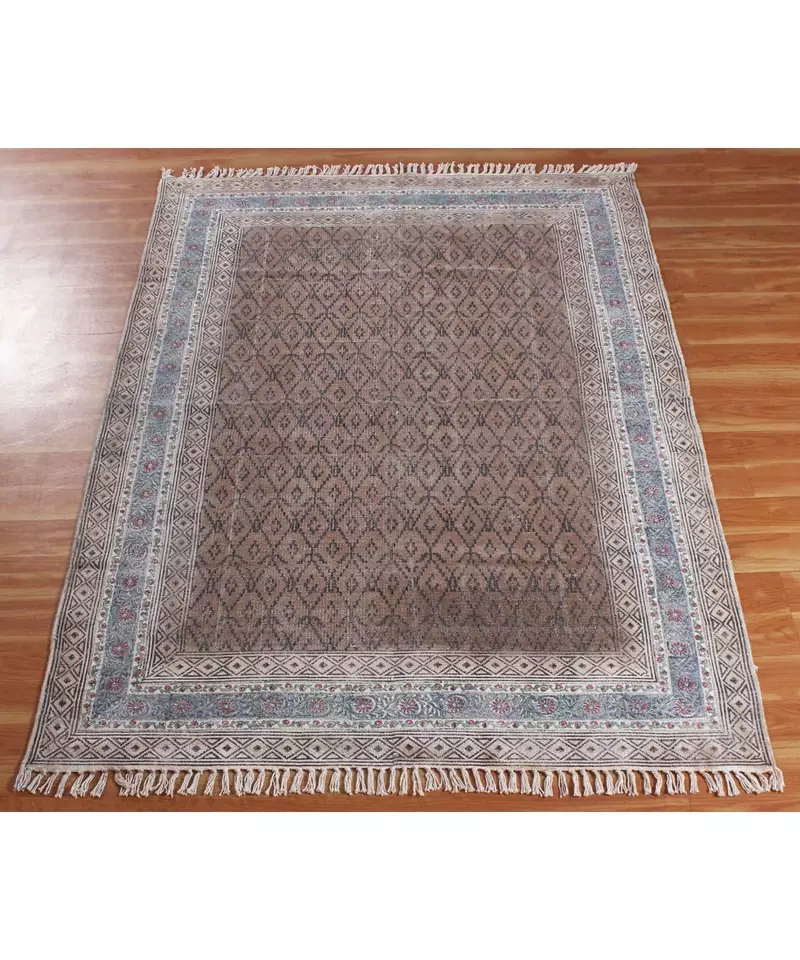 3x20 Ft Cotton Dhurrie Hand Block Printed Area Rug Living Room Decor grey Rug