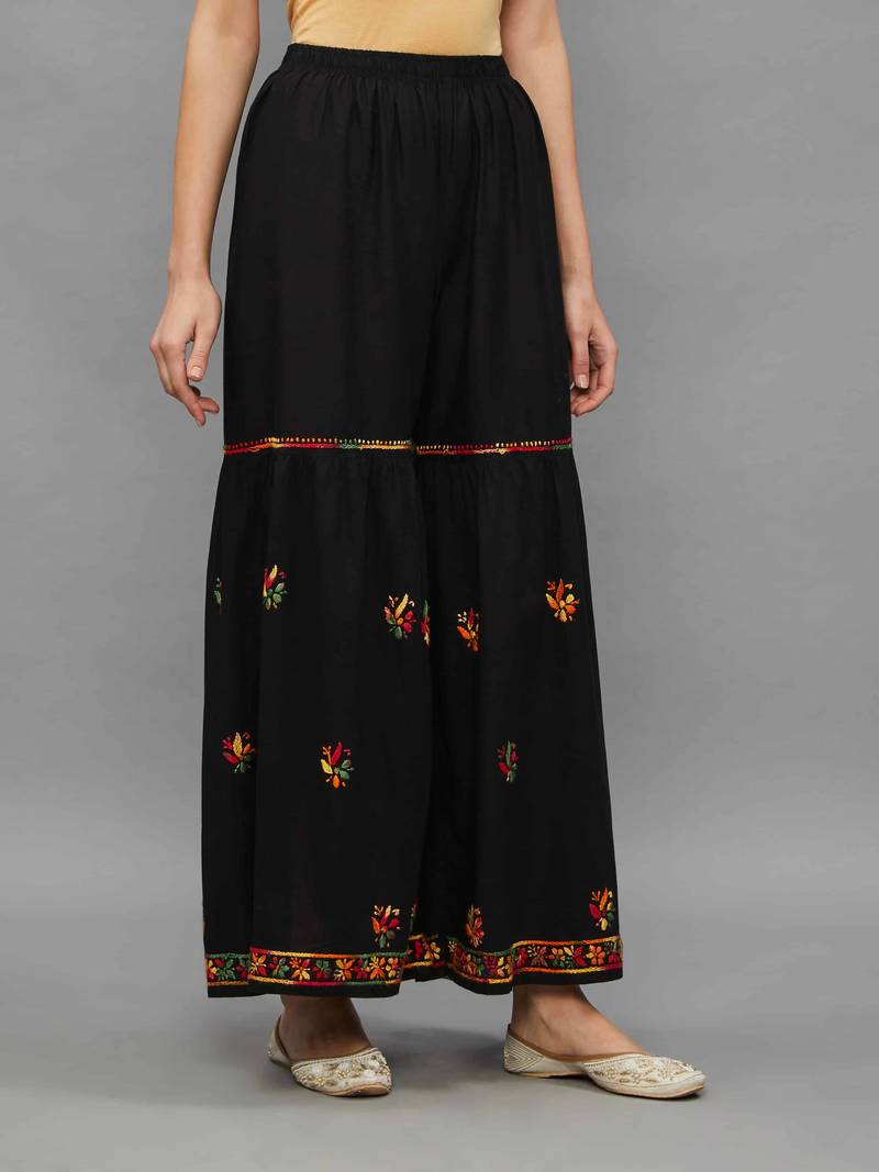 Ethnava Women's Cotton Garara with elastic in Black