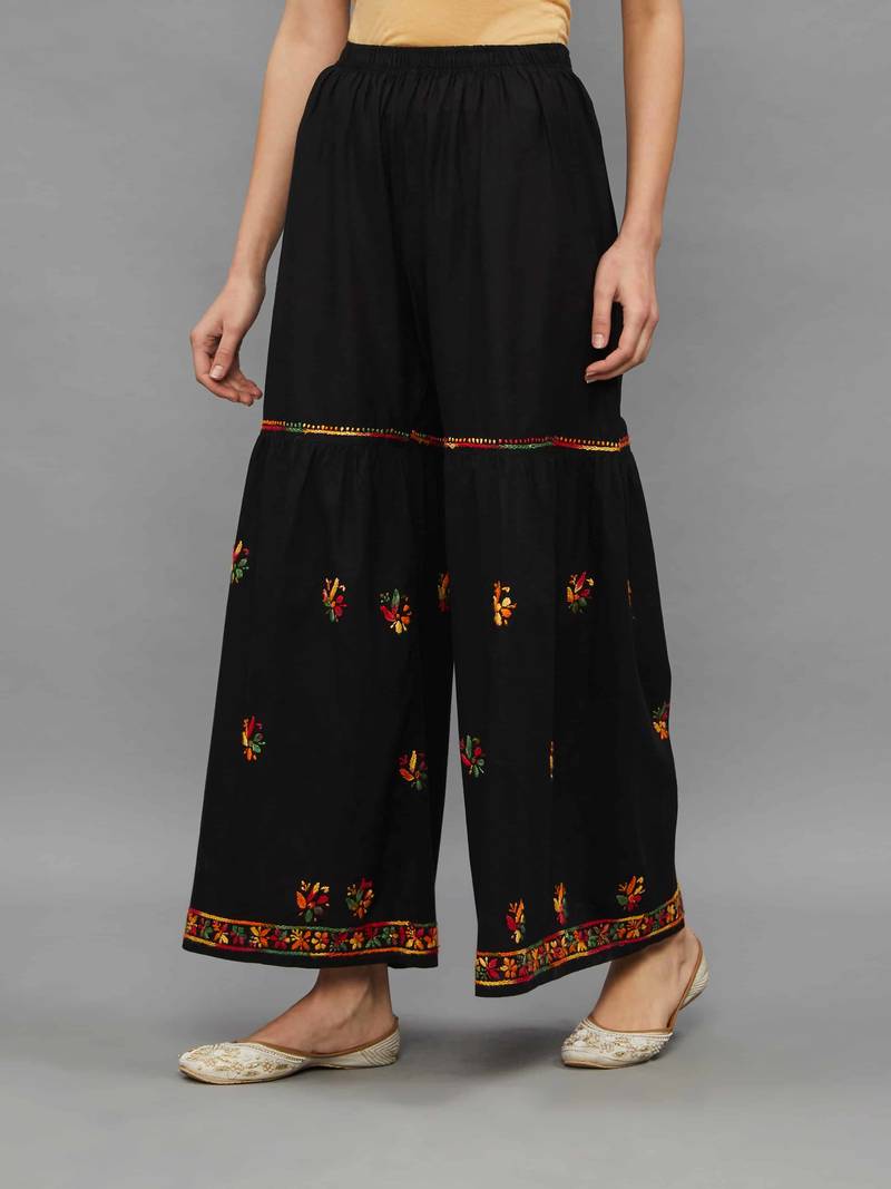 Ethnava Women's Cotton Garara with elastic in Black