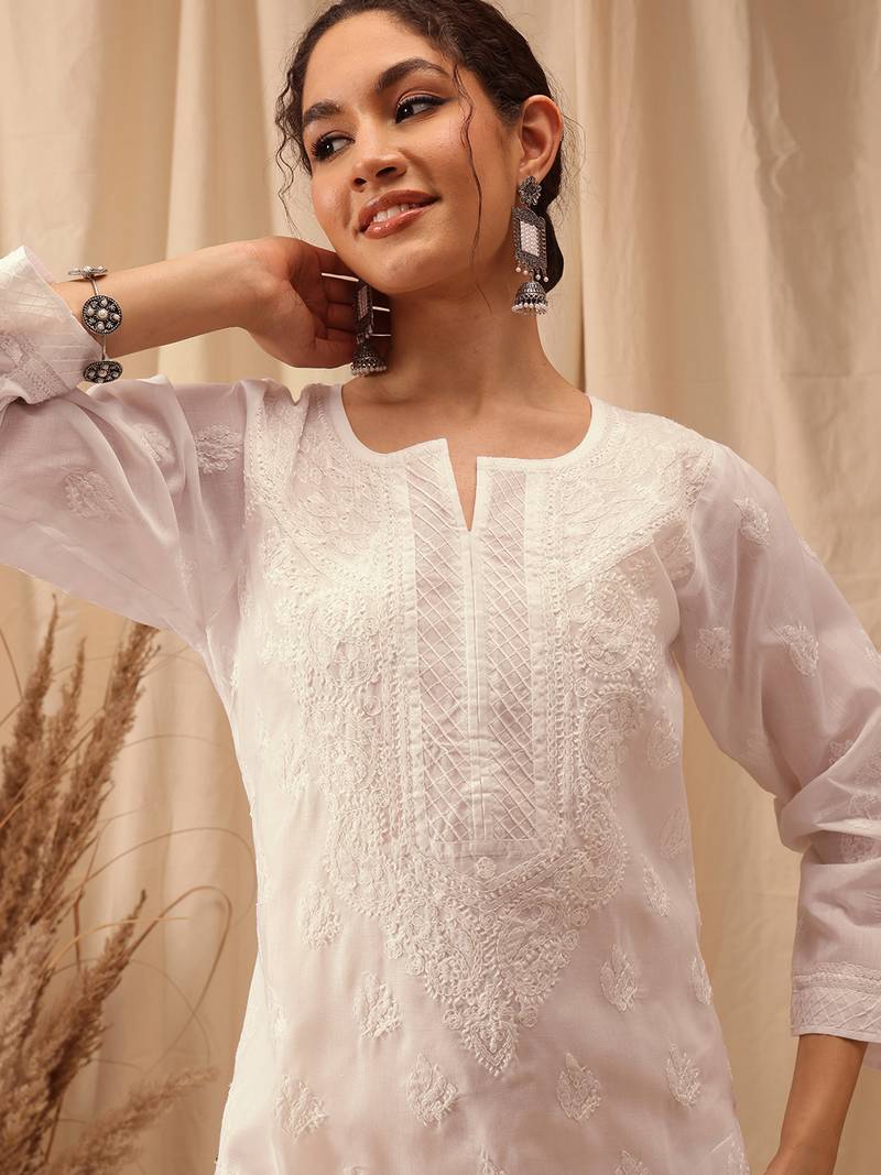 Hand Embroidered White Cotton Lucknowi Chikankari Women Kurta