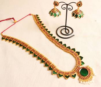 Beautiful Green Temple Jewel Long Necklace With Matching Earrings  1