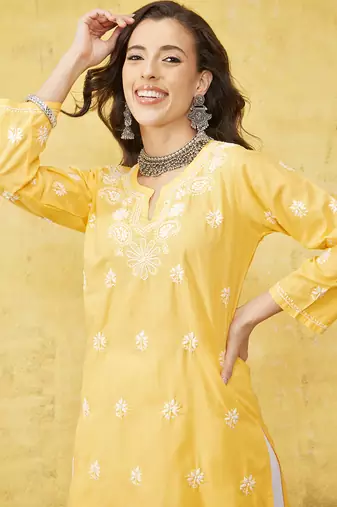 Hand Embroidered Yellow Cotton Lucknowi Chikankari Women Kurta