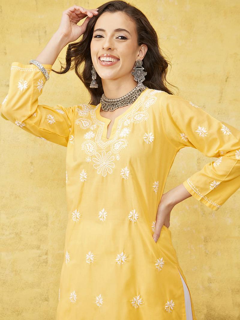 Hand Embroidered Yellow Cotton Lucknowi Chikankari Women Kurta