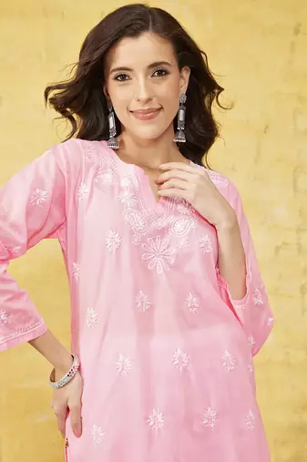 Hand Embroidered Pink Cotton Lucknow Chikankari Women Kurta
