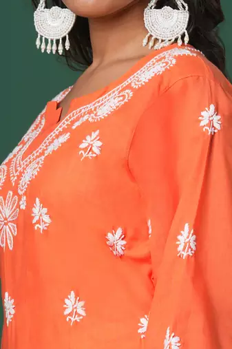 Hand Embroidered Rust Cotton Lucknow Chikankari Kurta For Women