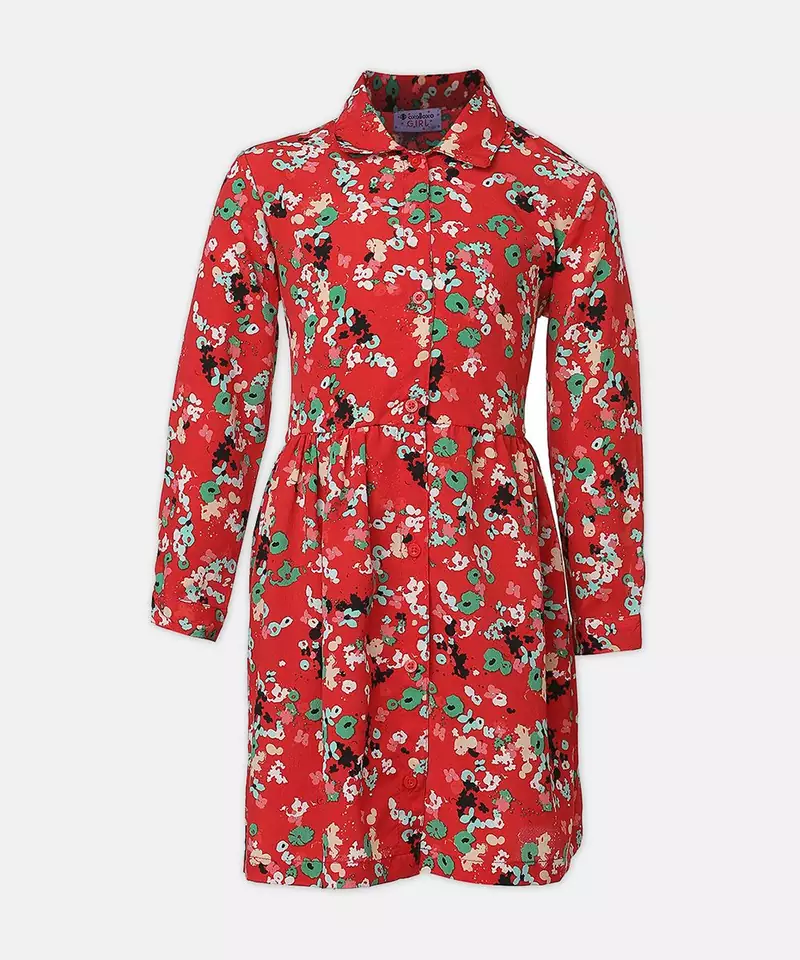 Winning Red floral print  button-down girl dress