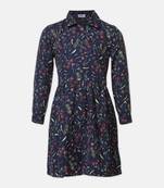 Master blue floral print  button-down girl dress