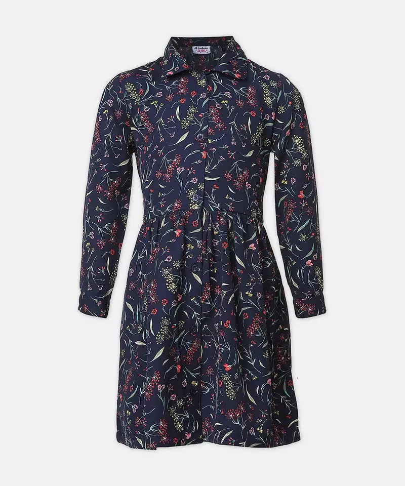 Master blue floral print  button-down girl dress