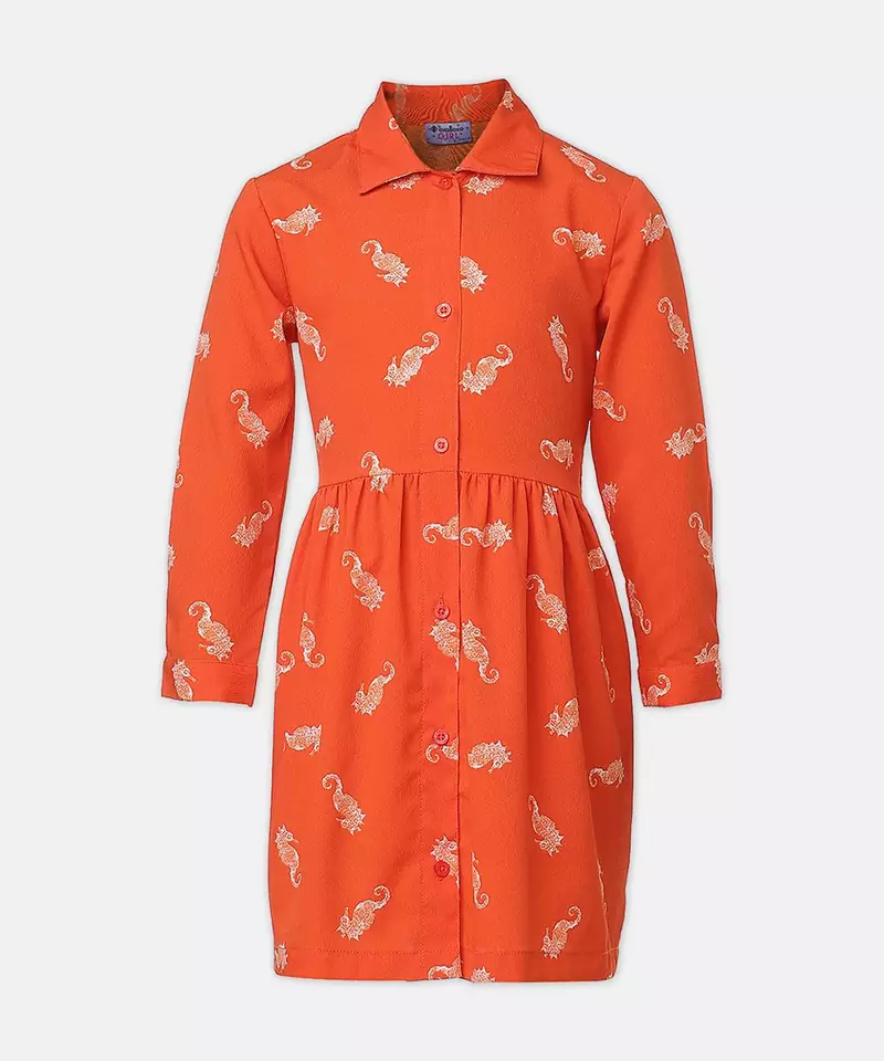 Angelic orange printed button - down girl dress